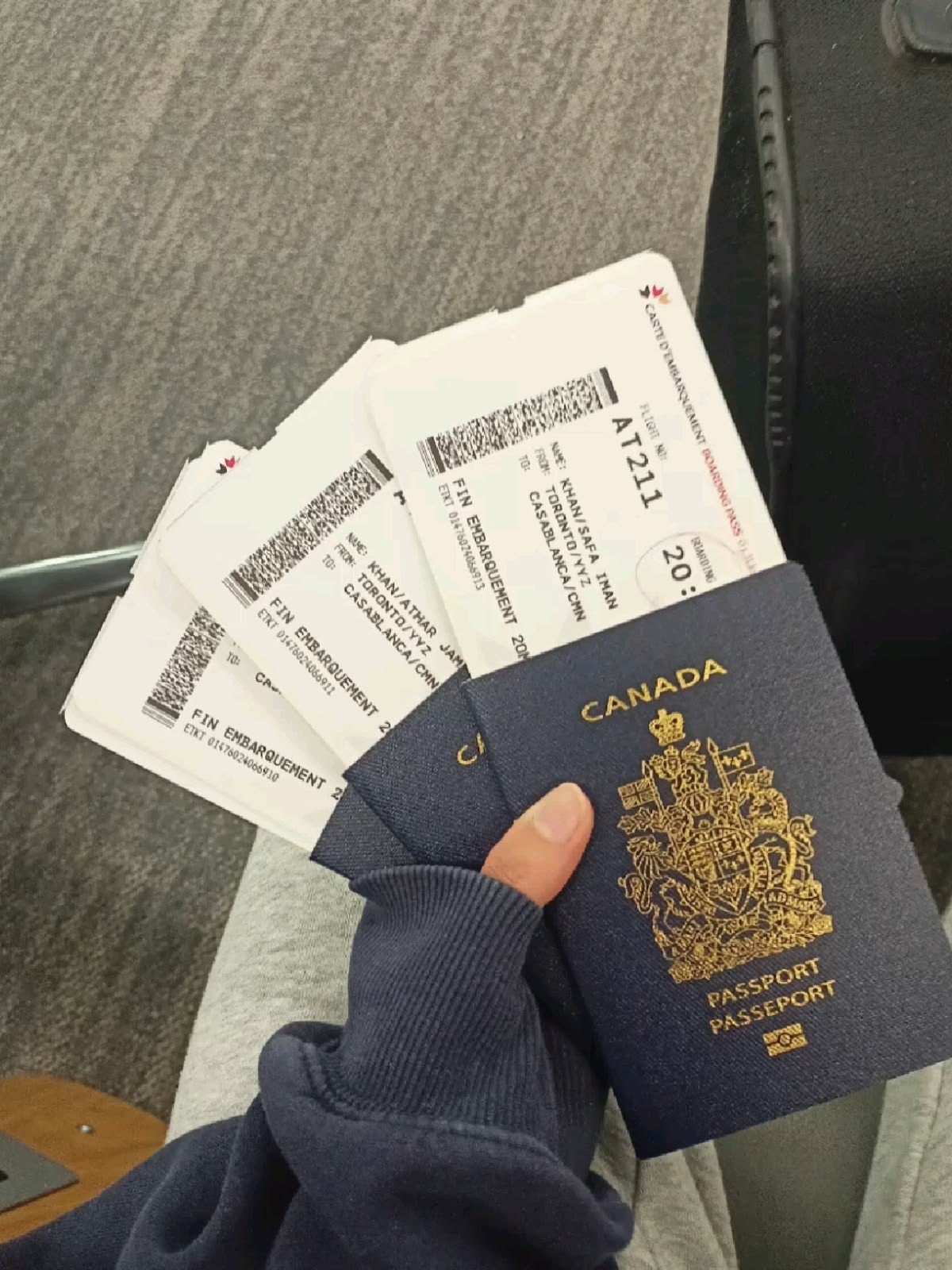 Passport and boarding materials photographed while travelling